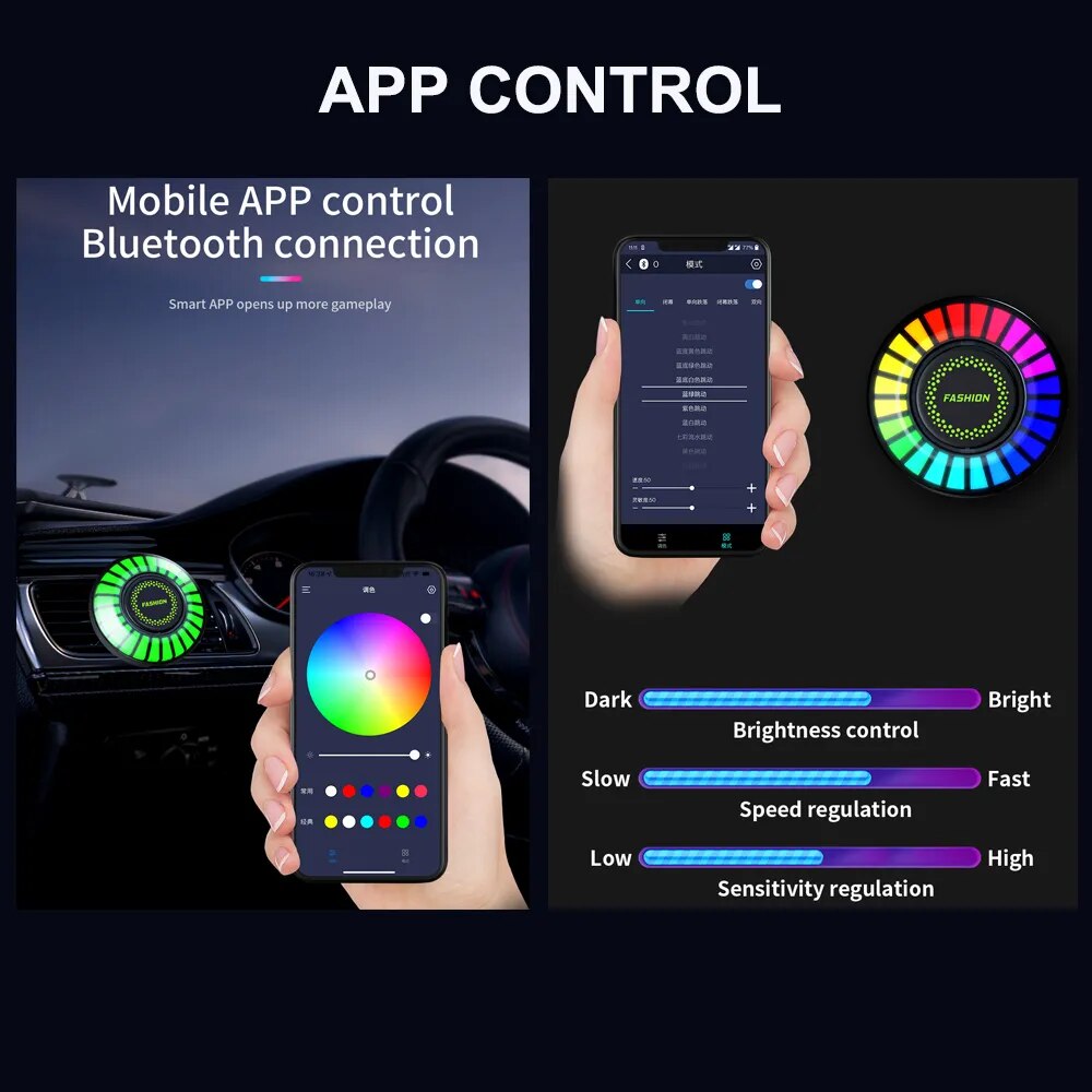 Car Music Rhythm Lamp Air Freshener RGB LED Strip Sound Voice Control Rhythm Atmosphere Light 256 Colors Option APP Control. Accessory