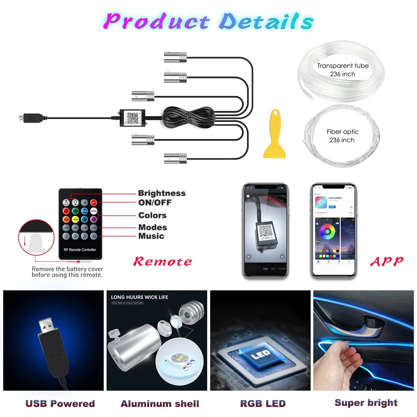 Tira de luces LED de ambiente Interior para coche, Kit de iluminación de neón de atmósfera de fibra óptica RGB con Control por aplicación remota, lámparas decorativas para coche Accesorio