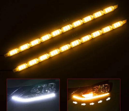 2pcs DRL LED Daytime Running Light Waterproof Flexible Strip Headlight Turn Signal Yellow Lamp Car Decorative Driving Lights 12v Accessory