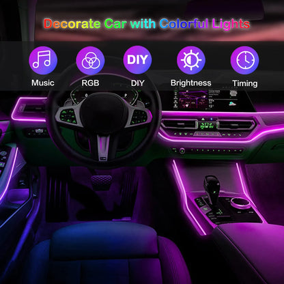 Car LED Interior Ambient Light Strip RGB Fiber Optic Atmosphere Neon Lighting Kit with APP Remote Control Car Decorative Lamps Accessory