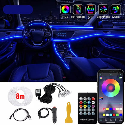 Car LED Interior Ambient Light Strip RGB Fiber Optic Atmosphere Neon Lighting Kit with APP Remote Control Car Decorative Lamps Accessory