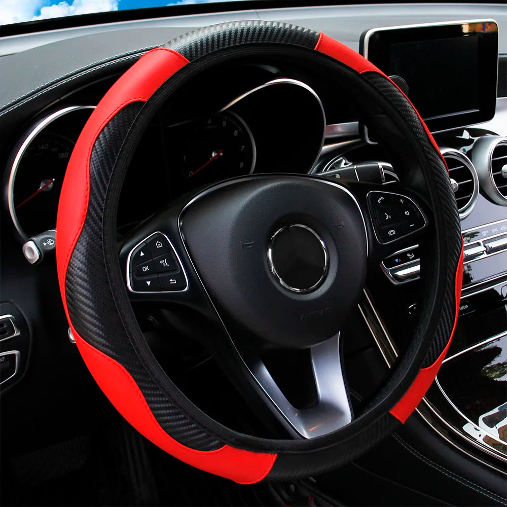 Car Steering Wheel Cover Breathable Non-slip PU Leather Covers Suitable for 37-38.5cm Car Decoration Carbon Fiber. Accessory